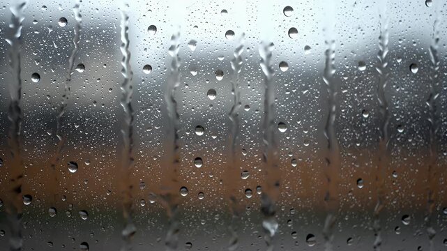 raindrops on window glass sliding down with a blurred city background on a rainy day