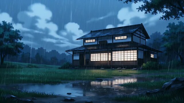 Traditional japanese house in the rain at night with glowing windows in rural fields