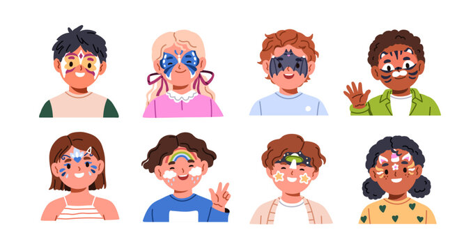 Funny kids with face painting set. Happy cute children with color makeup, facial paint mask. Girls and boys with party tattoo, drawing of animals. Flat vector illustration isolated on white background
