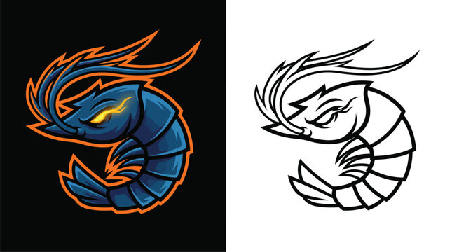 Aggressive Blue Shrimp Mascot Logo Design with Fiery Orange Outline and Black Background.