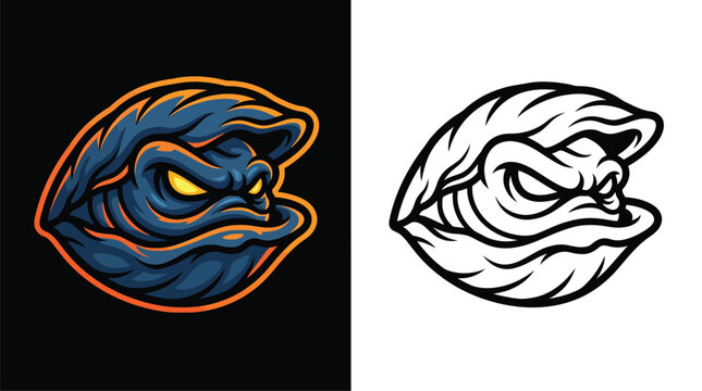 Angry clam mascot logo design with glowing yellow eyes, presented in both vibrant color and clean black and white outline versions.
