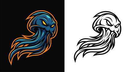 Obraz premium Aggressive blue jellyfish mascot logo design with sharp features and glowing yellow eyes, presented in both color and black and white versions.