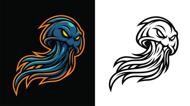 Aggressive blue jellyfish mascot logo design with sharp features and glowing yellow eyes, presented in both color and black and white versions.