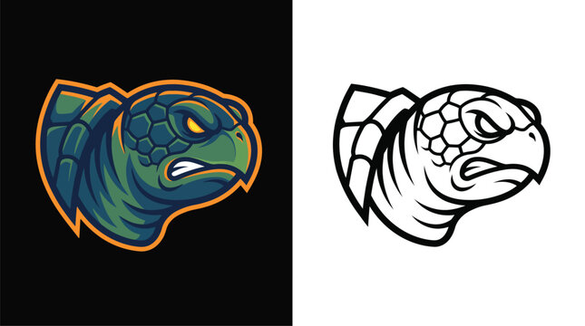 Angry turtle head mascot logo design in color and black and white outline versions.