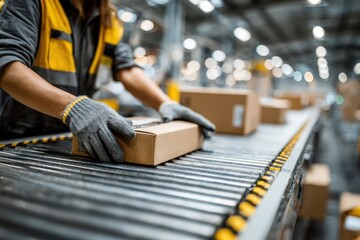 Fototapeta premium A woman in a warehouse setting, wearing gloves and a safety vest, handles a package on a conveyor belt.
