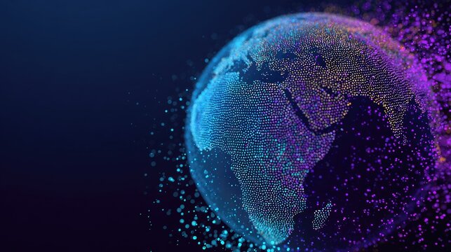 Earth composed of glowing particles, dissolving into digital cosmic dust