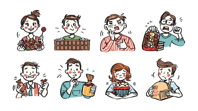 Sugar Rush: A vibrant cartoon illustration showing various individuals in different emotional states, all related to the consumption of sweets.