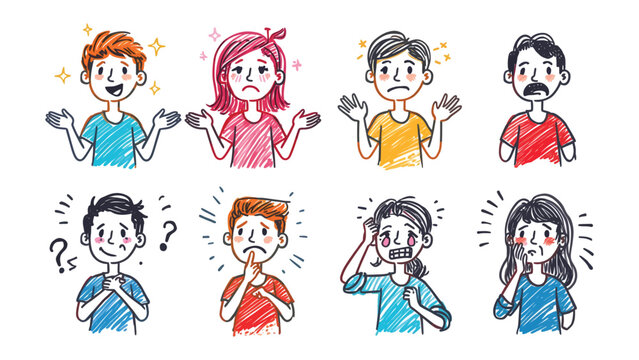 Emotions Illustration: A vibrant illustration showcasing eight distinct individuals, each vividly portraying a unique emotional state, from joy and confusion to concern and anxiety.