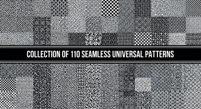 A grid featuring 110 unique black and white seamless patterns including geometric shapes, lines, dots, and abstract designs for textures, backgrounds, and textile printing.