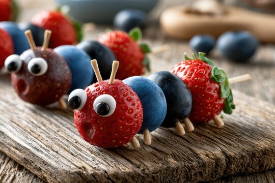 Cute fruit caterpillar skewers made of strawberries and blueberries with googly eyes on wood
