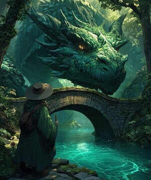 A wizard in a long emerald cloak while casting a spell to greet a big dragon on Enchanted stone bridge crossing a crystal river