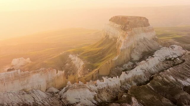 Aerial view of Airakty mountains featuring white limestone cliffs and green slopes under a hazy golden sunset in Shetpe, Mangystau Region, Kazakhstan.