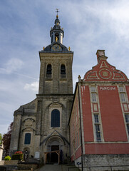 Fototapeta premium Historic Park Abbey church tower and brick building near Leuven, Belgium