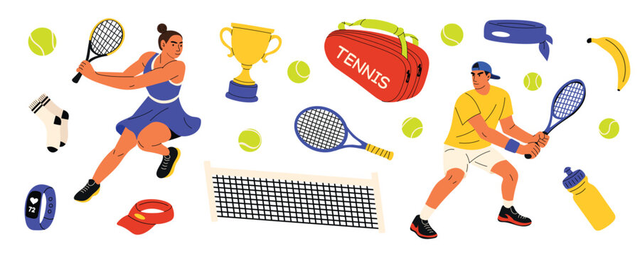 Tennis vector set with players, rackets, balls and sports equipment. Collection of tennis elements and characters for fitness, tournament, training and active lifestyle. Isolated on white background.