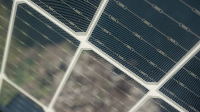 Photovoltaic solar cells with conductive busbars on module rear side. High tech semiconductor materials for renewable energy production and power engineering technology closeup.