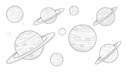 Hand drawn planets and moons with rings and craters in black and white space stars © Asha