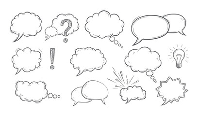 Obraz premium Hand drawn speech bubbles question mark exclamation point and lightbulb talk thought