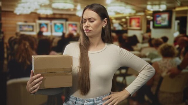 Woman holding cardboard box, touching neck and frowning as she examines a package in a crowded auction building with seated viewers; delivery frustration.