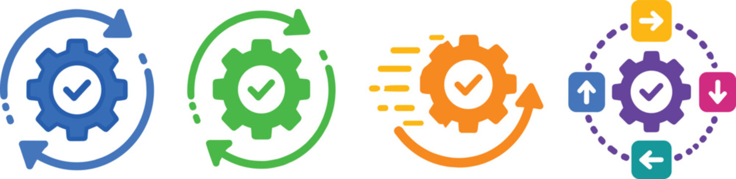 Process and workflow icons gear cycle check mark with arrows on transparent background vector.