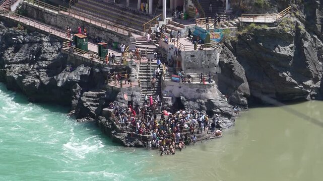 Devprayag Sangam River Confluence with Pilgrims in the Distance, Uttarakhand, India