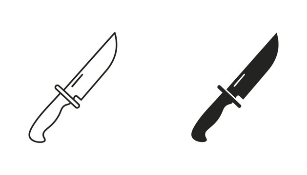 Tactical combat knife icon set in outline and solid black silhouette for outdoor survival and hunting equipment design
