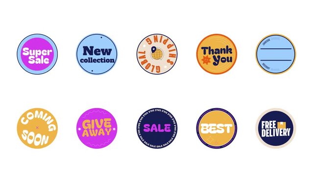 Retro round retail sticker pack animation. Commercial promo sale. Free delivery. Isolated animated labels badges. Digital marketing. Online promotion. Advertising video overlay elements collection