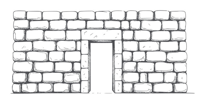 Hand drawn stone wall with an open doorway brick entrance