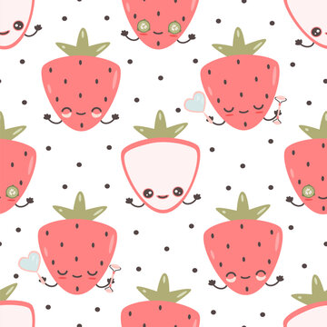 Cute hand drawn cartoon character strawberries skincare seamless vector pattern background illustration. Self care  fruit design for fabric, packaging and wallpaper