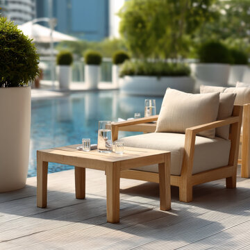 Outdoor wooden side table with glass water modern armchair poolside summer sunlight relaxation luxury greenery urban
