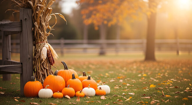 Fresh pumpkins and gourds on a wooden fence at a farm in autumn with halloween