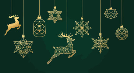 Golden Christmas Ornaments and Reindeers Hanging on Dark Green Background © Godo