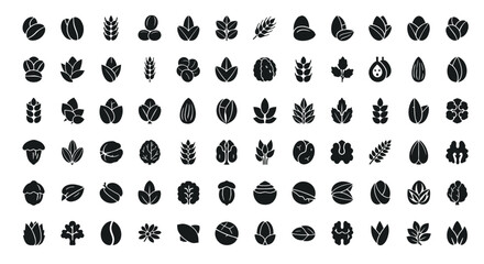 Collection of diverse natural food ingredients and plant elements icons. © Godo