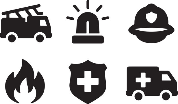 Set of black emergency service icons featuring a fire truck siren helmet flame medical shield and an ambulance vehicle graphic