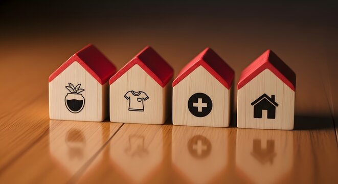 Wooden Toy Houses Representing Basic Human Needs