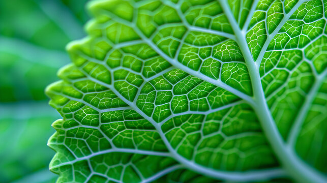 Close-up of a detailed green leaf texture showing every vein and cell pattern, botanical macro photography concept, leaf structure close-up, plant biology detail, defocused background, with