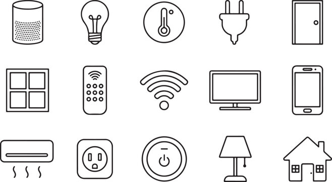 A set of black and white line icons representing various smart home devices and automated household systems for modern technology
