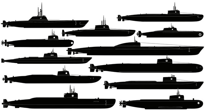 Black submarine silhouettes collection isolated on white background