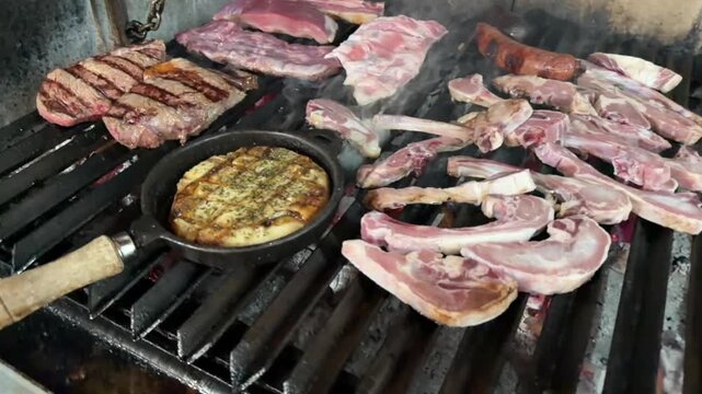 Mixed grilling meat and melted cheese on a charcoal barbecue