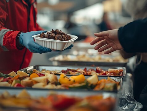 Volunteer serving food to person in need at charity event.