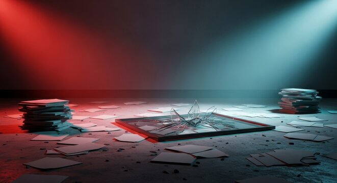 A desolate office containing heaps of loose papers and a shattered glass frame lying across a dusty floor inside a dark abandoned building, aftermath, recession, empty