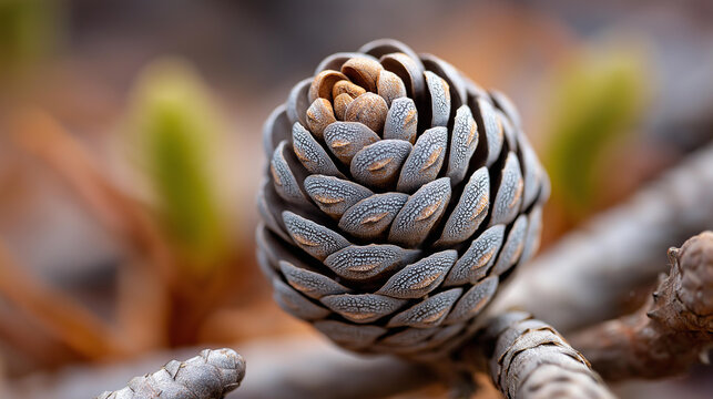 Macro close-up of a pine cone showing textured scales and symmetry from above, conifer botanical photography concept, pine cone geometry, forest floor close-up, defocused background, with