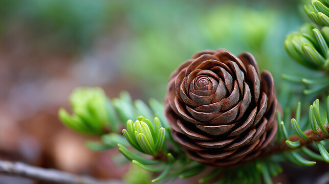Macro close-up of a pine cone showing textured scales and symmetry from above, conifer botanical photography concept, pine cone geometry, forest floor close-up, defocused background, with