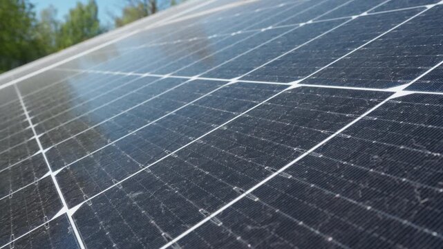 Dusty photovoltaic cells on solar modules reduce power generation. Professional maintenance and cleaning service for energy farm to optimize performance and investment payback closeup.