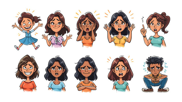 Emotions Collection: Expressive illustration of several people, each showcasing a unique emotion, conveying a spectrum of feelings from joy to concern. 