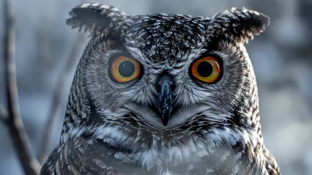 Extreme close-up portrait of a Great Horned Owl featuring intense orange eyes, detailed plumage, and ear tufts, set against a soft bokeh background of a foggy winter forest.
