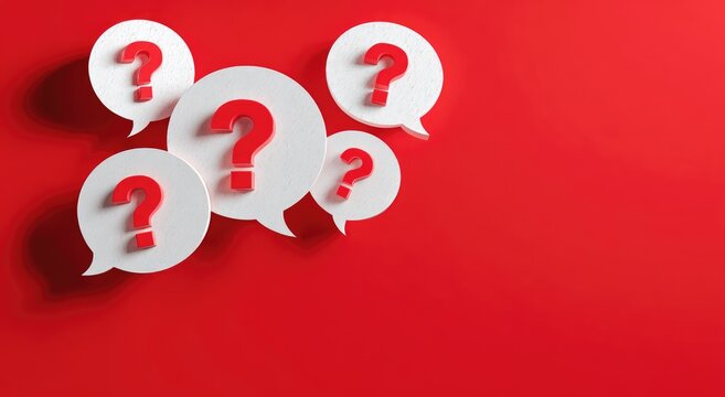White speech bubbles with red question marks against a vibrant red background