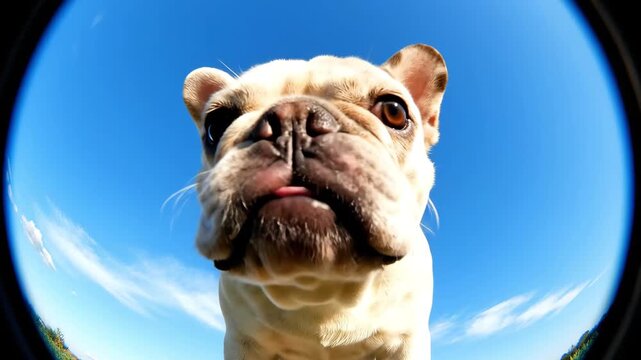 Close-up of an inquisitive french bulldog looking at camera with fish-eye lens on summer day.