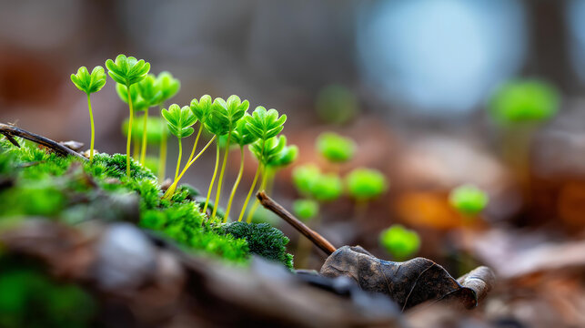 Close-up of a world of tiny sprouting plants and seedlings on a forest floor, ecological growth concept, new life macro photography, small plant close-up, defocused background, with copy
