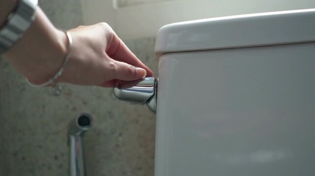 person hand lift the flapper to release water tank flush lever handle bathroom Flush the toilet close-up. Slow motion 4K Flushing water in toilet UHD
