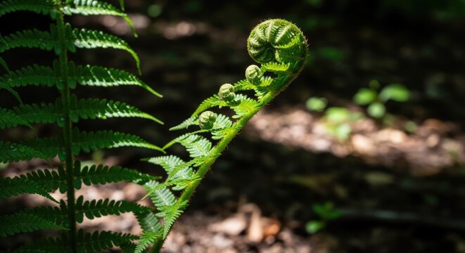 Fern Frond Unfurling in Sunlight.